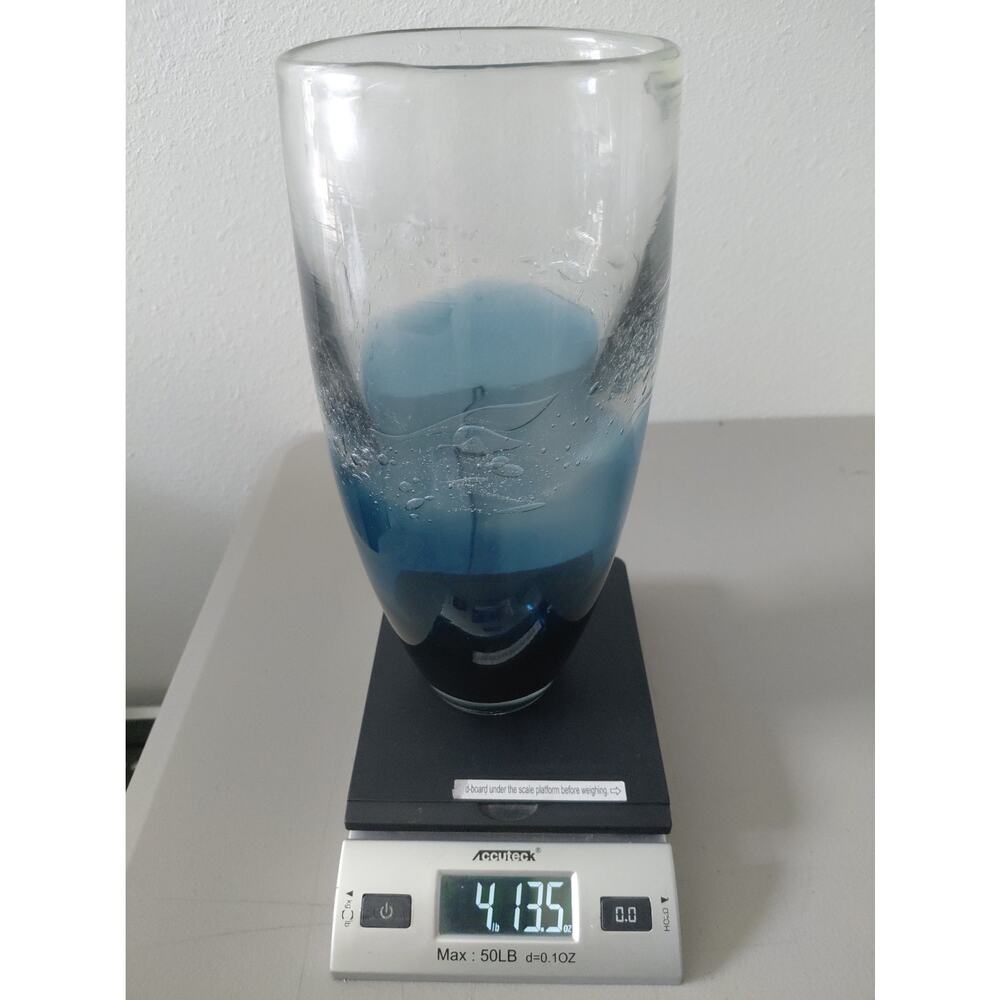 Ombre Blue Thick Glass Vase Mid Stripe Extended Bubbles Ocean Artistic Large MCM - Picture 10 of 11